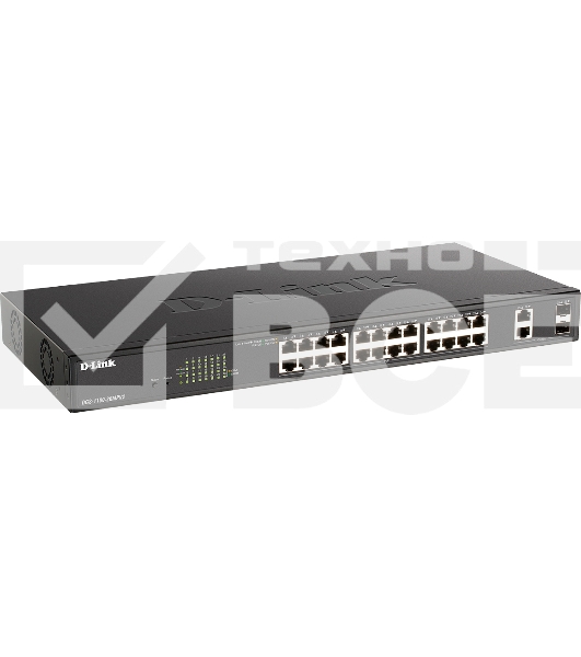 Настраиваемый L2 коммутатор D-Link DGS-1100-26MPV2/A3A с 24 портами 10/100/1000Base-T и 2 комбо-портами 1000Base-T/SFP (24 порта PoE 802.3af/at, PoE-бюджет 370 Вт)