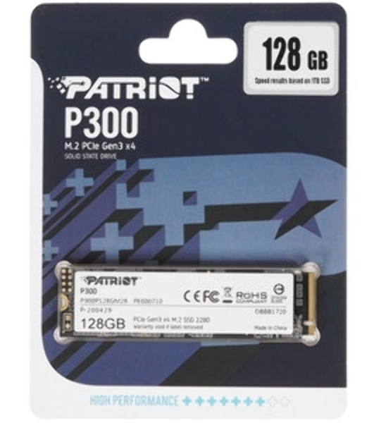 Накопитель SSD Patriot P300, 128Gb, PCIe 3.0 x4, M.2 2280, NVMe, R/W 1600/600