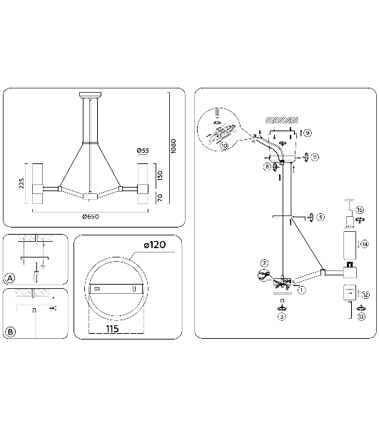 Люстра Ambrella light LH55104/6 BK/FR/TI черный/белый матовый/янтарь E14*6 max 40W D650*1080