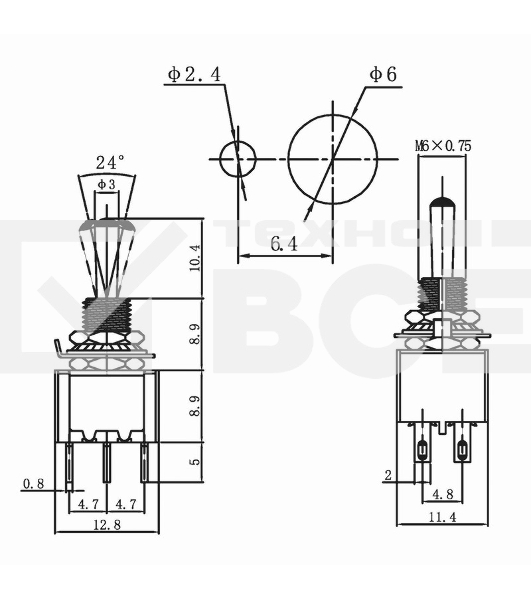 Тумблер 250V 3А (6c) ON-OFF-ON двухполюсныйMicroRexant