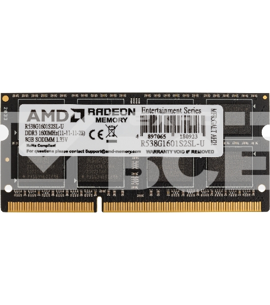 Оперативная память AMD 8GB DDR3L 1600MHz SO DIMM R5 Entertainment Series Black R538G1601S2SL-U Non-ECC, CL11, 1.35V, Retail