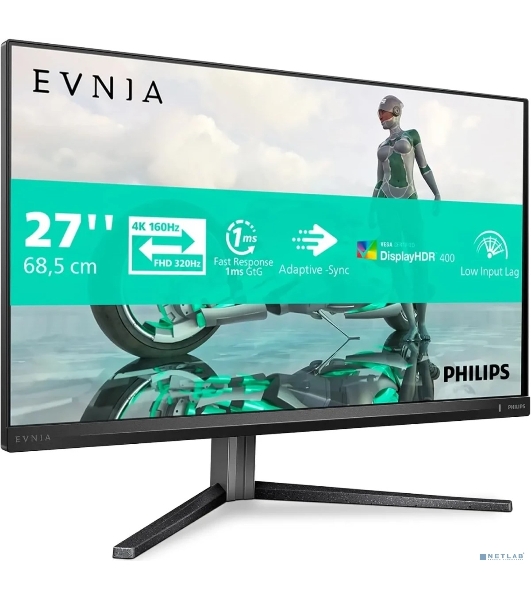 Монитор 27' Philips Evnia 27M2N3800A/01 Fast IPS 3840x2160, 160 Гц, 0.5 мс, 16:9, 450 кд/м², 2xHDMI 2.1, DP 1.4, 3.5 Jack, DisplayHDR 400, G-Sync, Adaptive-Sync, динамики (2x2 Вт), VESA 100x100, черный
