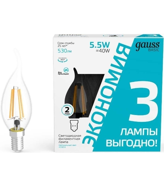 Лампа светодиодная Gauss Basic 1041126T 5.5Вт цок.: E14 свеча 240B 4100K св. свеч. белый. ней. (упак.: 3 шт)