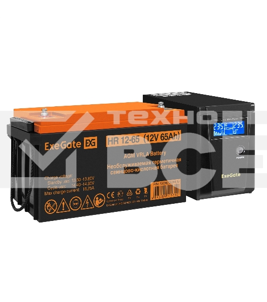 Комплект Источник бесперебойного питания EX295986RUS + батарея 65Aч EX282982RUS 1шт (инвертор, синус, для котла) ExeGate SineTower SZ-600.LCD.AVR.1SH <600VA/360W, чистый синусоида, LCD дисплей, AVR, 1*Schuko, линейно-интерактивный, Black> + батарея ExeGat
