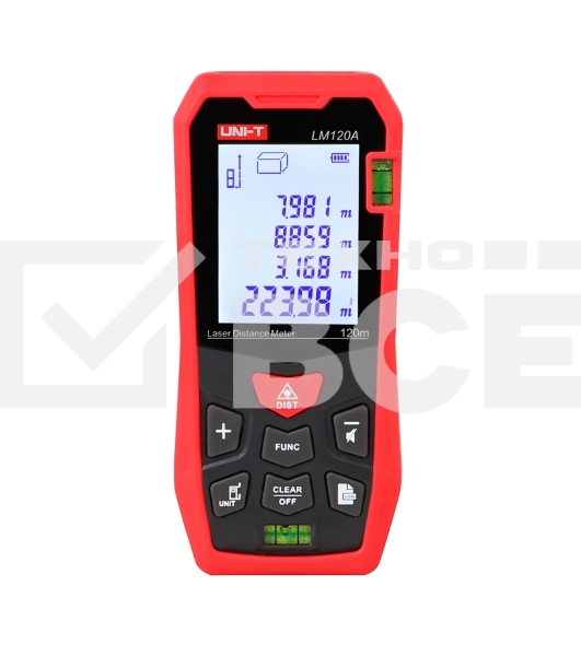 Лазерный дальномер UNI-T LM120A Диапазон расстояний (120 м); Тип дисплея (ЖК); Единицы измерения (м/фут/дюйм); Основа измерения (спереди/сзади);