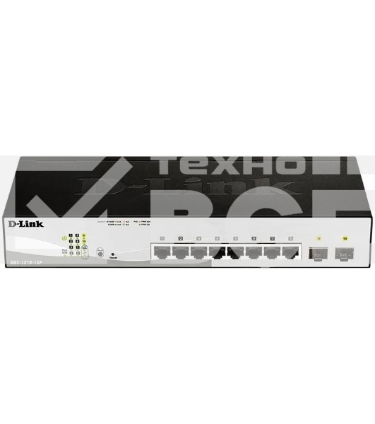 Коммутатор D-Link DGS-1210-10P/FL2A Управляемый L2 коммутатор с 8 портами 10/100/1000Base-T и 2 портами 1000Base-X SFP (8 портов PoE 802.3af/at, PoE бюджет 65 Вт)