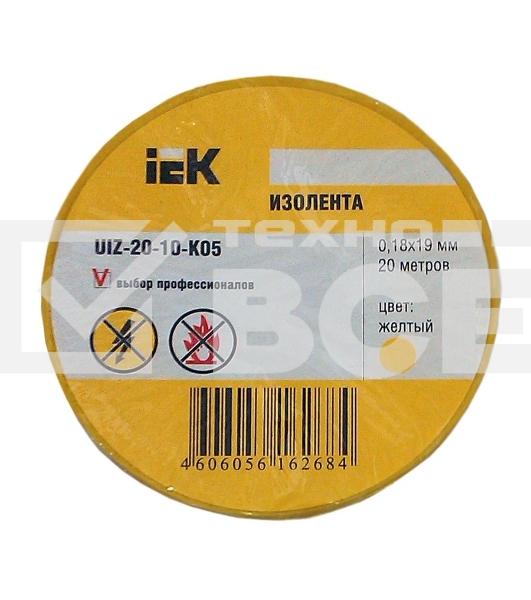 Изолента Iek UIZ-20-10-K05 0,18х19 мм желтая 20 метров ИЭК