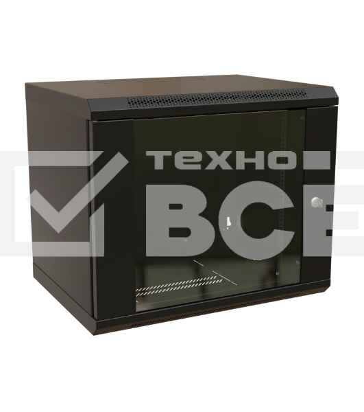 Шкаф коммутационный WRline (WR-TW-1245-GP-RAL9004) настенный 12U 600x450мм пер.дв.стекл 2 бок.пан. 60кг черный 370мм 650мм IP20 сталь