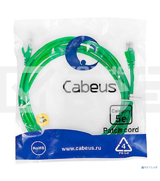 Патч-корд Cabeus, кат. 5е, неэкр., U/UTP, RJ45/RJ45, PVC, AWG24, 3м, зеленый