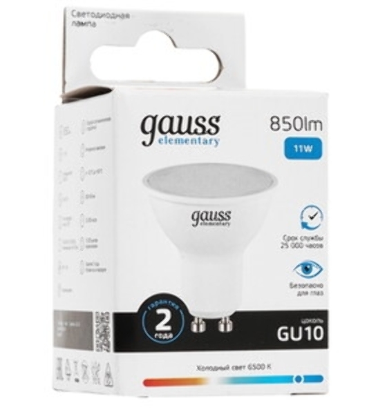 Лампа светодиодная Gauss Elementary 13631 11Вт цок.: GU10 софит 180B св. свеч. бел. хол. MR16 (упак.: 10 шт)