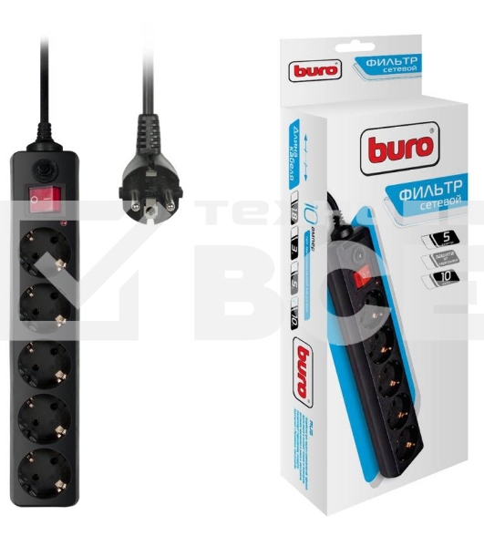 Сетевой фильтр BURO 5 розеток, 10 метров, (500SH-10-B), черный 992303