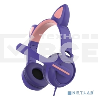 Гарнитура для игр и стриминга с подсветкой, складная, Qumo Game Cat purple (GHS 0036), подключение 1х3,5 Jack + питание USB