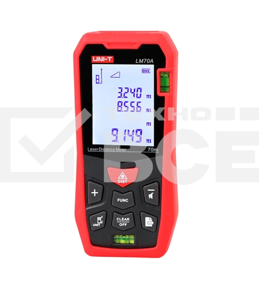 Лазерный дальномер UNI-T LM70A Диапазон расстояний (70 м); Тип дисплея (ЖК); Единицы измерения (м/фут/дюйм); Основа измерения (спереди/сзади);