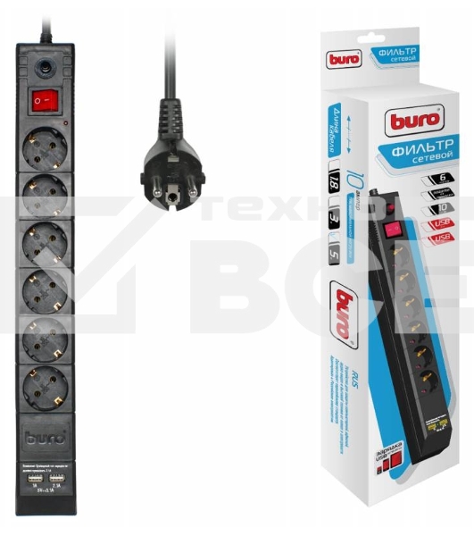 Сетевой фильтр BURO Сетевой фильтр, 6 розеток, 5 метров, (BU-SP5_USB_2A-B) черный {992320}