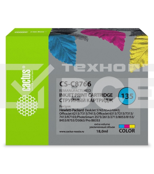 Картридж струйный Cactus CS-C8766 №135 многоцветный (18 мл) для HP DJ 5743/6543/6843/DJ 6213/7313/7413/6313/7213/7313/7413/K7103/PS 2573/2613/2713/8053/8153/8453/8753/D5063/Pro B8353