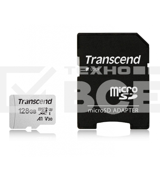 Флеш карта Transcend Micro SecureDigital 128Gb MicroSDXC Class 10 UHS-I U3, SD adapter}(TS128GUSD300S-A)