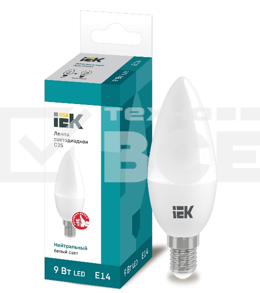 Лампа светодиодная LED 9Вт 230В 4000К E14 свеча LLE-C35-9-230-40-E14 IEK