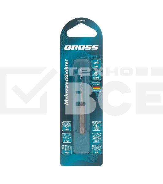 Сверло универсальное, Multipurpose PRO, 6-гр. хвостовик, 4мм Gross