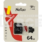 Карта памяти Netac P500 ECO 64GB MicroSDXC U1/C10 up to 80MB/s, retail pack with SD Adapter, фото2