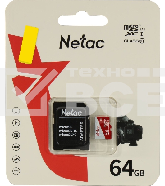 Карта памяти Netac P500 ECO 64GB MicroSDXC U1/C10 up to 80MB/s, retail pack with SD Adapter