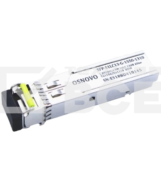Оптический SFP Модуль OSNOVO  GE, одно волокно SM, до 1,25 Гбит/c, LC, до 20км, Tx:1550/Rx:1310, DDM