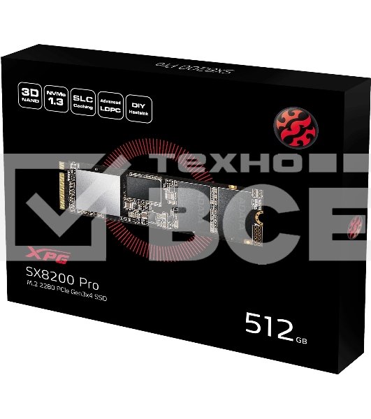 Накопитель SSD ADATA 512GB XPG SX8200 Pro, M.2 2280, PCI-E 3x4, [R/W - 3350/2350 MB/s] 3D-NAND TLC