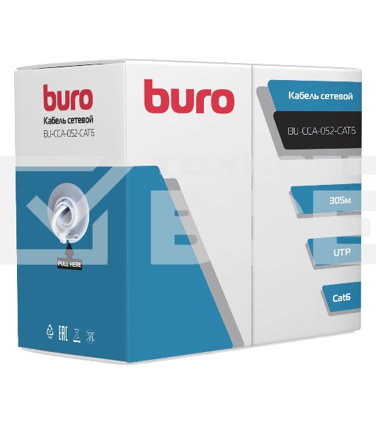 Кабель сетевой Buro BU-CCA-052-CAT6 UTP 4 пары cat6 solid 0.52мм 305м серый
