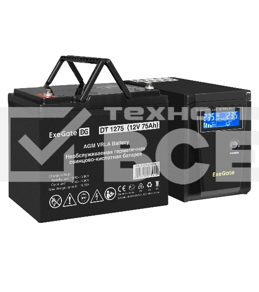 Комплект Источник бесперебойного питания EX295986RUS + батарея 75Aч EX282983RUS 1шт (инвертор, синус, для котла) ExeGate SineTower SZ-600.LCD.AVR.1SH <600VA/360W, чистый синусоида, LCD дисплей, AVR, 1*Schuko, линейно-интерактивный, Black> + батарея ExeGat