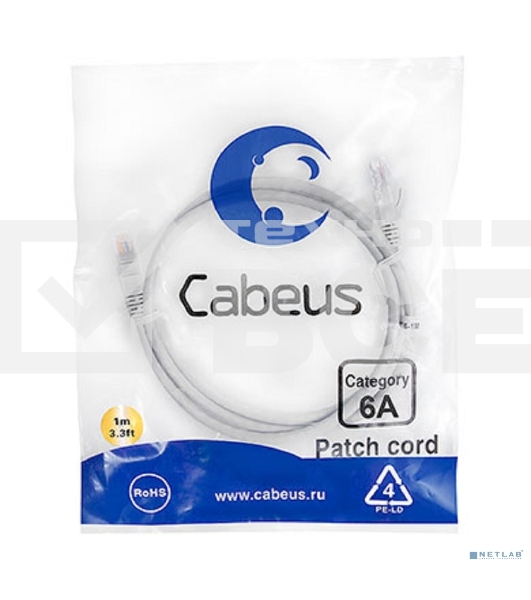 Шнур комм. Cabeus, cat.6a, неэкр., U/UTP, RJ45/RJ45, LSZH, AWG24, 1м, серый