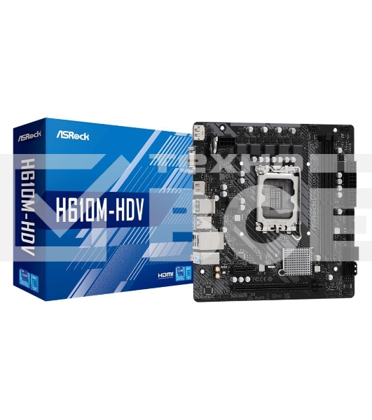 Материнская плата ASRock H610M-HDV, LGA 1700, Intel H610, 2xDDR4, 4xSATA, 1xPCIe 4.0 x16, 1xPCIe x1, 1xHDMI, 1xDP, 1xVGA, 1x 1Gb LAN, 2xUSB-A 3.2 Gen 1, 4xUSB-A 2.0, 3x3.5 мм, 7.1, mATX