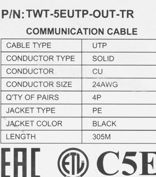Кабель информационный Lanmaster TWT-5EUTP-OUT-TR кат.5е U/UTP не экранированный 4X2X24AWG PE внешний 305м черный