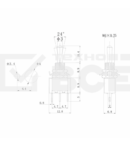 Тумблер Rexant 250V 3А (3c) ON-ON однополюсный Micro