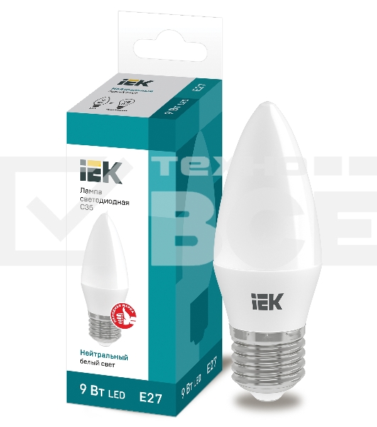 Лампа светодиодная LED 9Вт 230В 4000К E27 свеча LLE-C35-9-230-40-E27 IEK