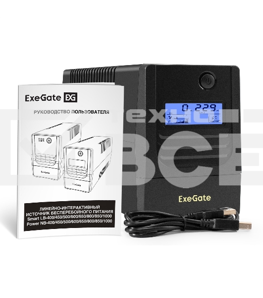Источник бесперебойного питания ExeGate Smart LB-500.LCD.AVR.2SH.USB (500VA/300W, LCD, AVR, 2*Schuko, USB, батарея 12V 4.5Ah, Black)