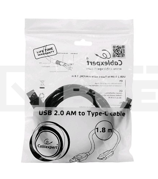 Кабель USB Cablexpert CCP-USB2-AMCM-6, USB2.0 AM/USB3.1 Type-C, 1.8м, пакет