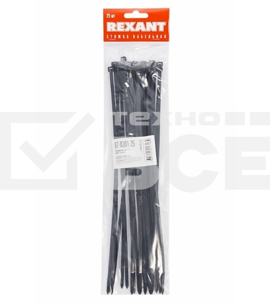 Хомут-стяжкa нeйлонoвая Rexant 300x4,8 мм, черная, упаковка 25 шт.