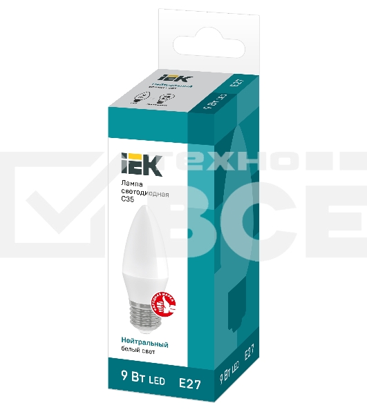 Лампа светодиодная LED 9Вт 230В 4000К E27 свеча LLE-C35-9-230-40-E27 IEK