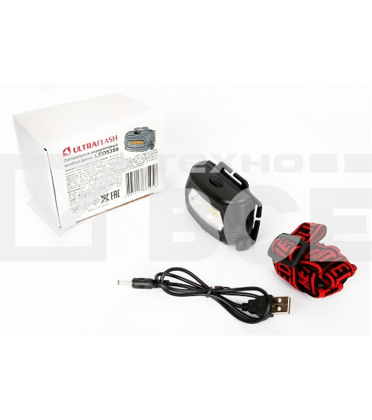 Фонарь налобный Ultraflash LED5359 (аккум 5В черный COB 3 Ватт, 3 реж.,пласт.,бокс)