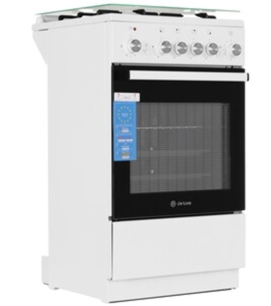 Плита комбинированная De Luxe 5040.40ГЭ (КР) ЧР белый, конфорок 4 шт, духовка 43 л, 50 см x 85 см x 50 см