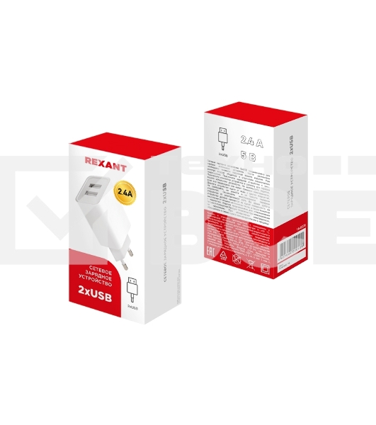 Сетевое зарядное устройство Rexant 2 x USB, 5V, 2.4 A, белое