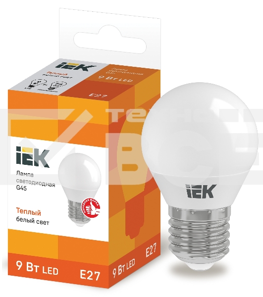 Лампа Iek LLE-G45-9-230-30-E27 светодиодная ECO G45 шар 9Вт 230В 3000К E27