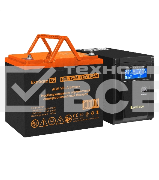 Комплект Источник бесперебойного питания EX295986RUS + батарея 75Aч EX285653RUS 1шт (инвертор, синус, для котла) ExeGate SineTower SZ-600.LCD.AVR.1SH <600VA/360W, чистый синусоида, LCD дисплей, AVR, 1*Schuko, линейно-интерактивный, Black> + батарея ExeGat