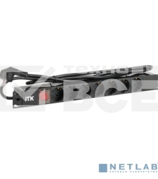 Блок розеток ITK PDU 7 розеток DIN49440 (нем. cтанд.) с LED выключателем, 1U, шнур 2м вилка DIN49441 (нем. станд.), профиль из ПВХ, черный