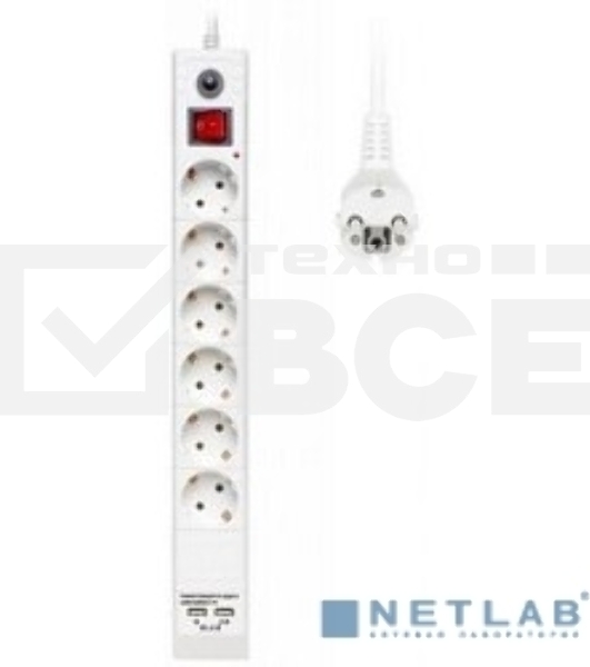 Сетевой фильтр Buro BU-SP5_USB_2A-W 5м (6 розеток) белый (коробка)