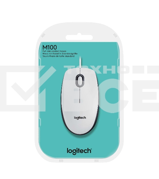 Мышь проводная Logitech M100 белый, 1000 dpi, USB, кнопки - 3
