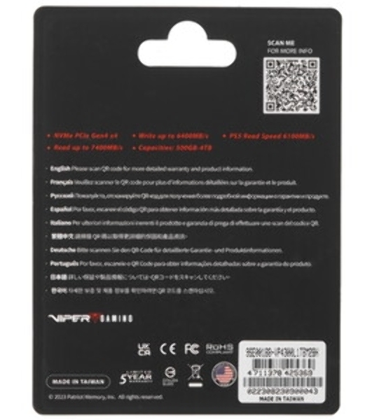 Накопитель SSD Patriot Viper VP4300 Lite, 1Tb, PCIe 4.0 x4, M.2 2280, NVMe, R/W 7400/6400, с радиатором