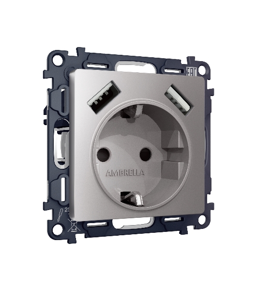 Комплект механизма электрической розетки ALFA Сталь матовый 2USB A+A 18W (быстрая зарядка) с/з QUANT (AP5090, VM155) MA509010