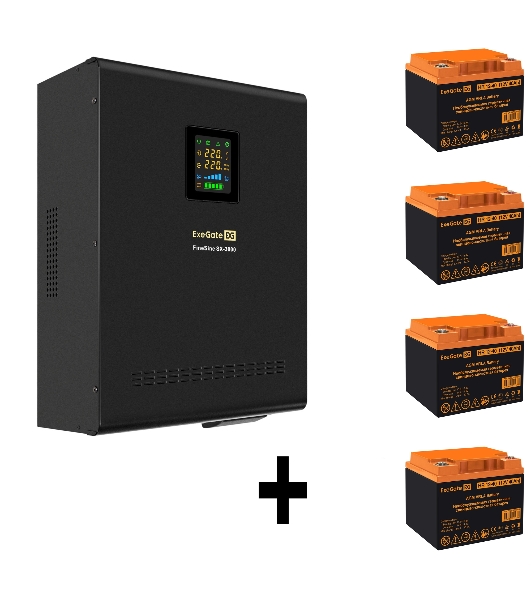 Комплект Источник бесперебойного питания EX296003RUS + батарея 40Aч EX282979RUS 4шт (инвертор, синус, для котла, настенный) ExeGate FineSine SX-3000.LCD.AVR.2SH.T <3000VA/2100W, чистая синусоида, цветной LCD-дисплей, AVR, 2*Schuko+клеммы, линейно-интерактивный, крепление настенное, черный> + батарея ExeGate HR 12-40 (12В, 40Ач) 4шт