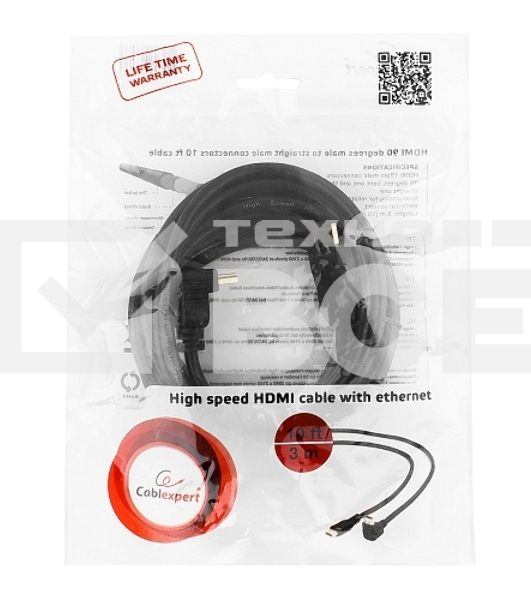 Кабель Cablexpert HDMI CC-HDMI490-10, 19M/19M, v2.0, медь, позол.разъемы, экран, угловой, 3м, черный, пакет