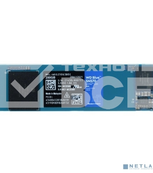 Накопитель SSD WD Blue SN570 WDS250G3B0C, 250Gb, PCIe 3.0 x4, M.2 2280, NVMe, R/W 3300/1200